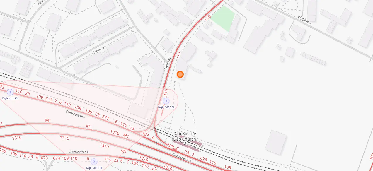 Mapa z zaznaczoną lokalizacją naszej siedziby pod adresem Dębowa 3 w Katowicach